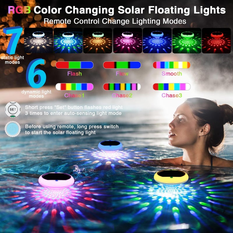 QOLNBY Solar Powered and USB Rechargeable Floating Pool Lights, 6.69 Inch IP68 Waterproof Pool Lights That Float 6 Dynamic Modes with Remote Upper and Lower Glow 2600mAh Hangable Solar Light for Pond 2 PACK - Image 3